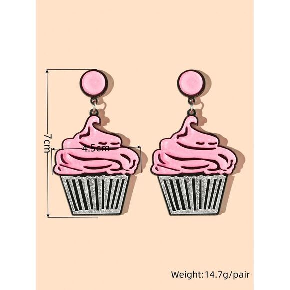 Pink Glitter Cupcake Acrylic Birthday‎ Earrings - Picture 4 of 7